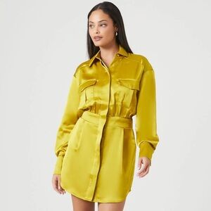 FOREVER 21 SATIN LOOK APPLE GREEN LONG SLEEVE BUTTON FRONT MINI DRESS SIZE M